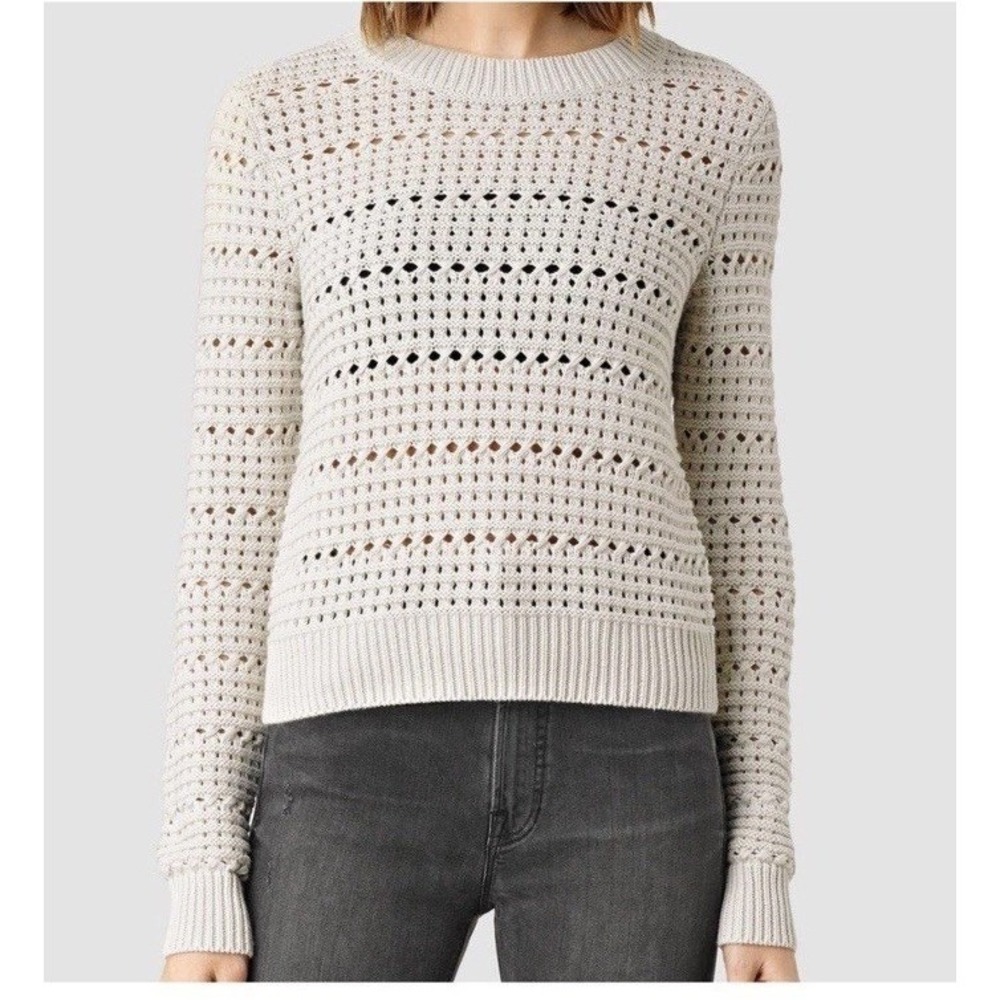 All Saints Lota Knit Cropped Sweater Beige Women's Size Large Open Knit Crochet‎